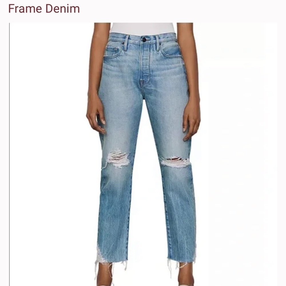 Frame Le Original High Rise Straight Fit Button Fly Distressed Jean